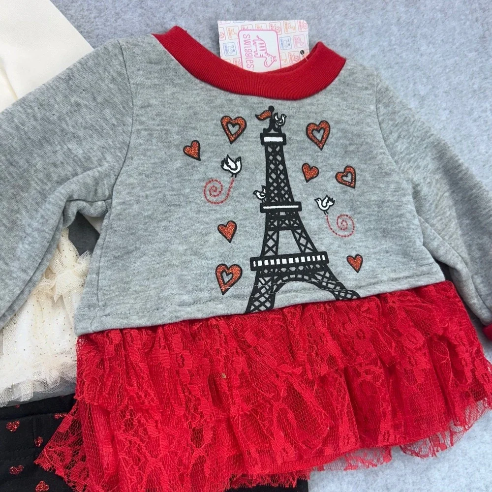 Cat Eiffel Tower Baby Girls Multi Swiggles 2-Pack Outfit Set Tulle 3/6 Months